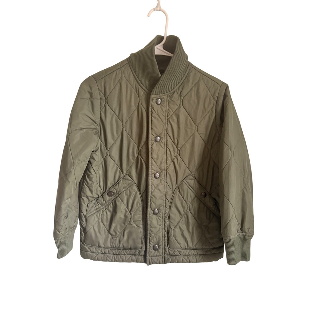 Gap Kids Quilted Bomber Jacket Olive Green Fleece Lined Snap Front Size M
